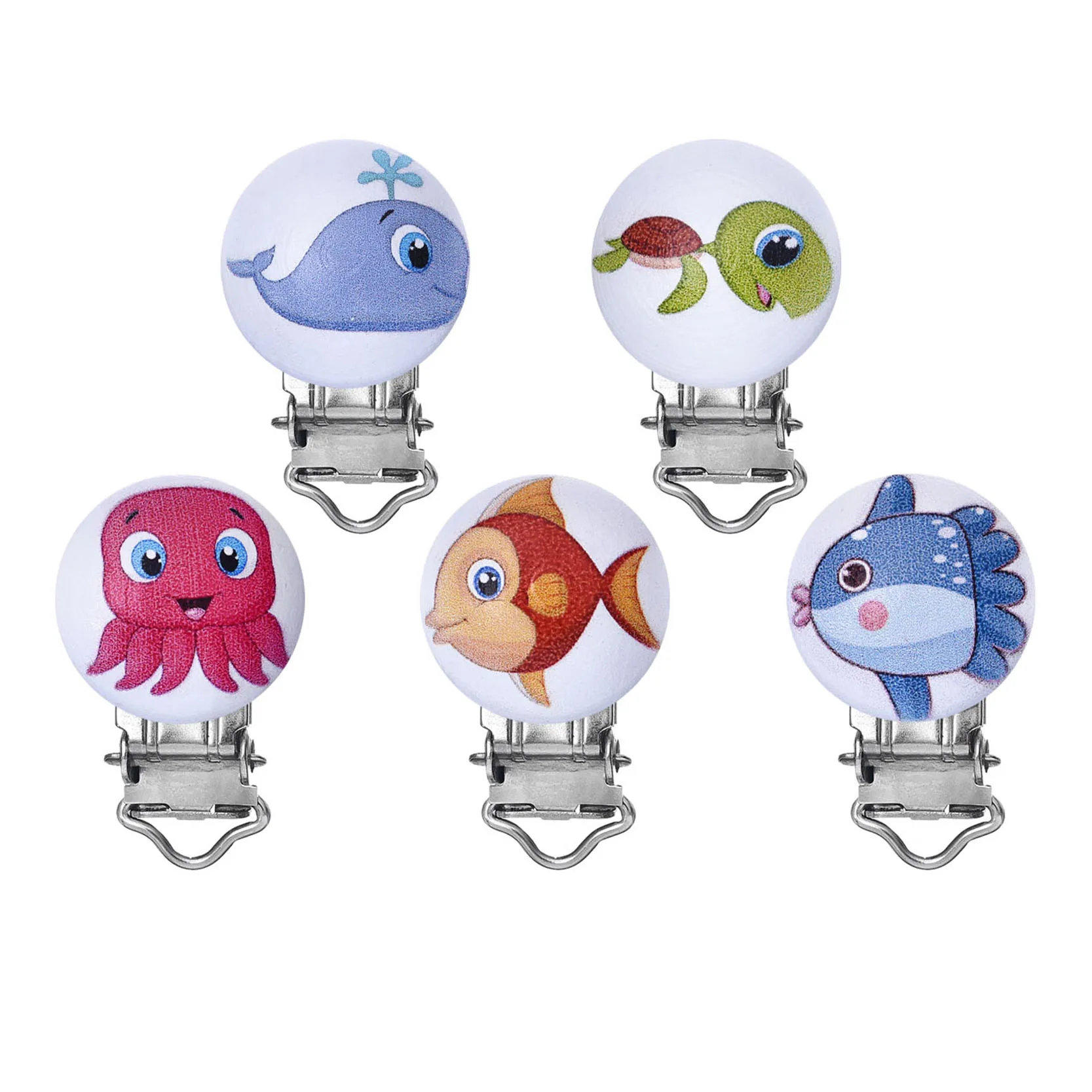 

5PCs/lot Fish Patterns Baby Pacifier Clips Metal Holders Mixed Wood Infant Soother Clasps Accessories 4.7x2.9cm