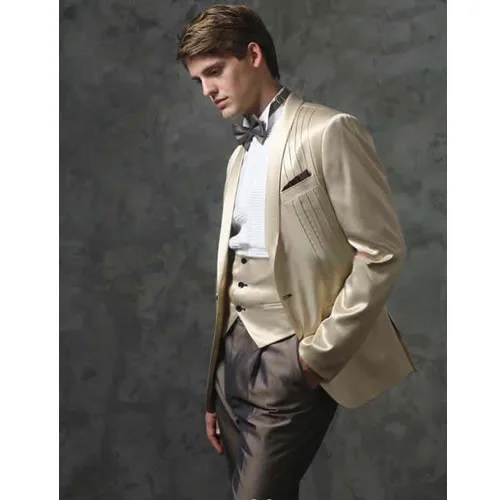 Последние конструкции пальто брюки Шампанское атласная Пром мужской костюм Slim Fit 3 предмета смокинг жениха Блейзер пользовательские