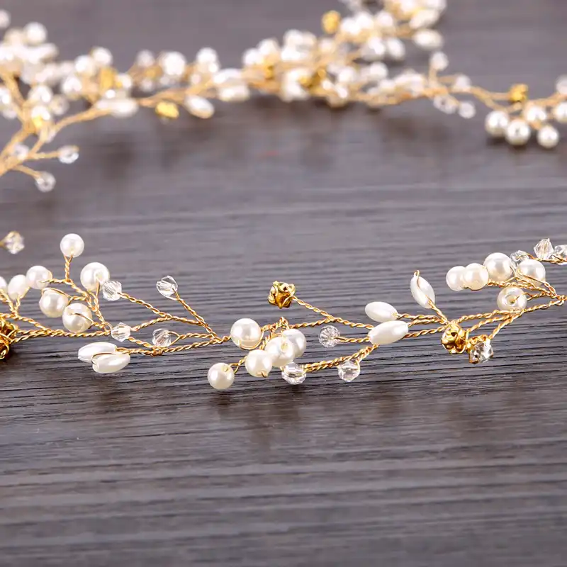 50cm Long Crystal Pearl Hair Vine Wedding Hair Accessories Gold