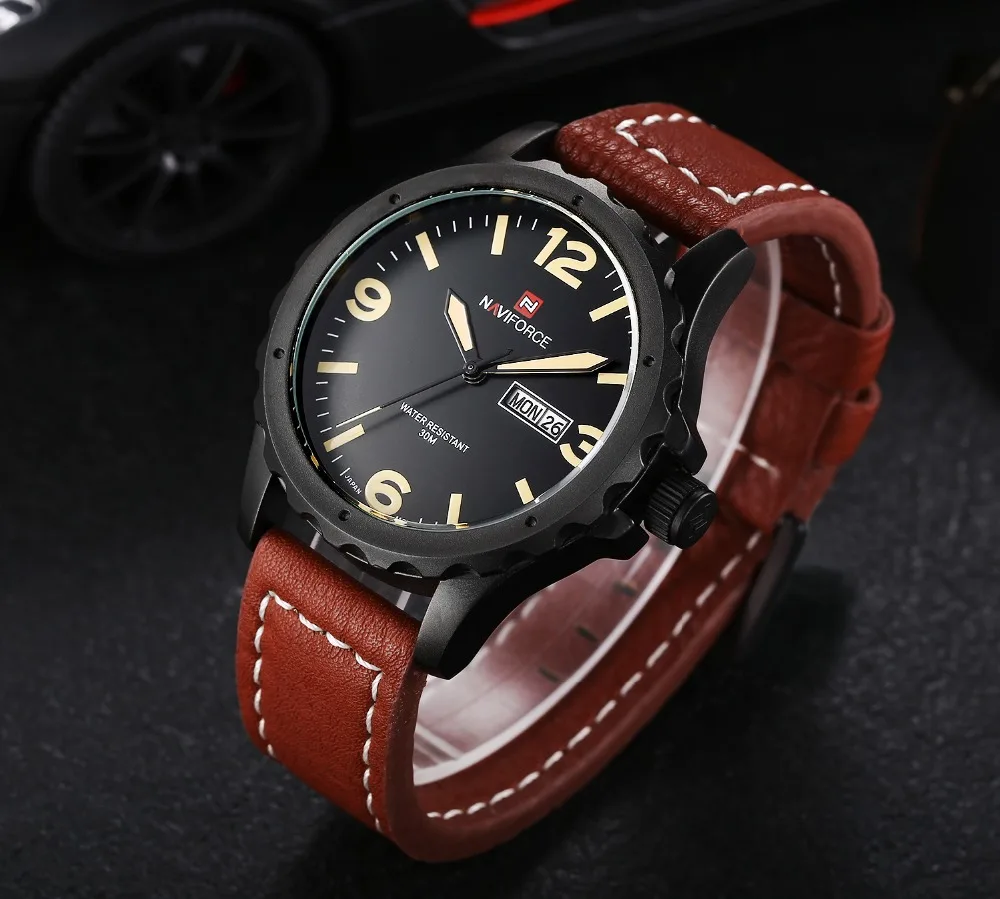 Новые часы NAVIFORCE Relogio Masculino с датой и днем мужские наручные кожаным ремешком