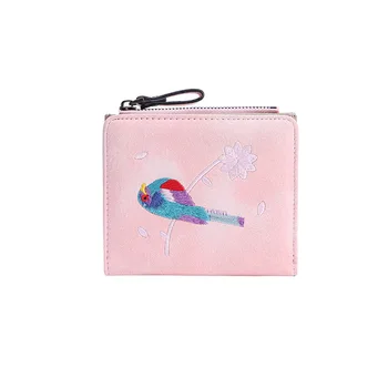 

20PCS / LOT Mini Thin Wallet for Women Animal Prints Bird Embroidery Female Short Wallet Purse Leather Card Holder Coin Purse