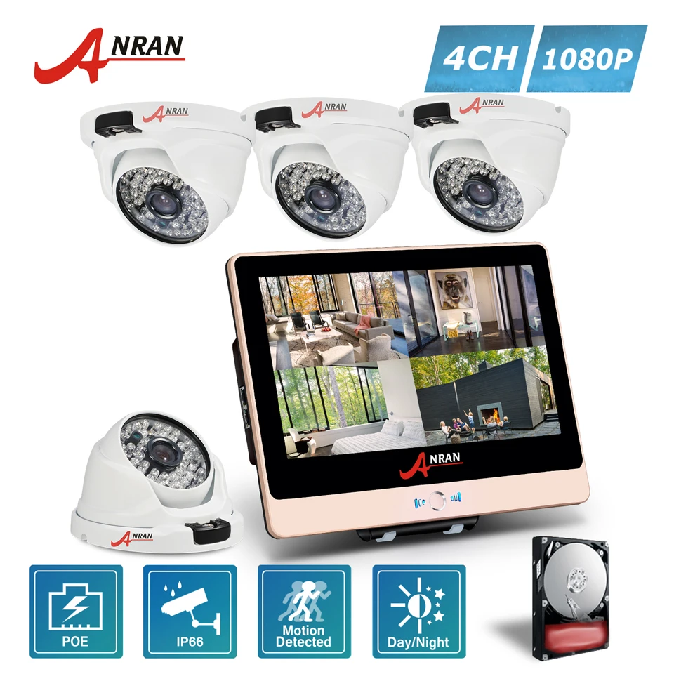 

ANRAN P2P 4CH 1080P 12 Inch LCD Monitor POE NVR Home Security System 48 IR Waterproof Dome CCTV Outdoor IP Camera HDD Optional