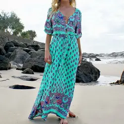 Для женщин в богемном стиле Sexy v-образным вырезом Половина рукава летние пляжные разрез длиной макси платье