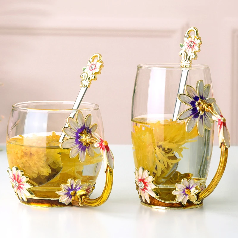 Креативная Хризантема стеклянная чашка высокая термостойкость кофе молоко сок чай чашки прочный эмаль прозрачная посуда для напитков