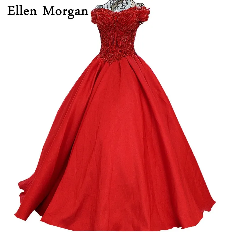 red satin ball gown