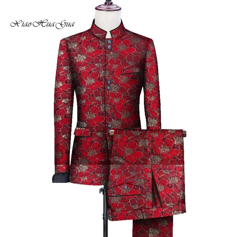 

Embroidery Print Bazin Riche Wedding Party Fancy Blazer Suit Jacket Tops Coat and Pant Set Dashiki African Clothes WYN705