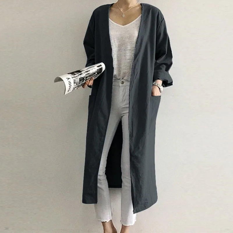 S 5XL ZANZEA весеннее однотонное пальто с открытым штиком Vinatge из хлопка и льна с карманами Женские повседневные длинные кардиганы с длинным рукавом - Цвет: Серый