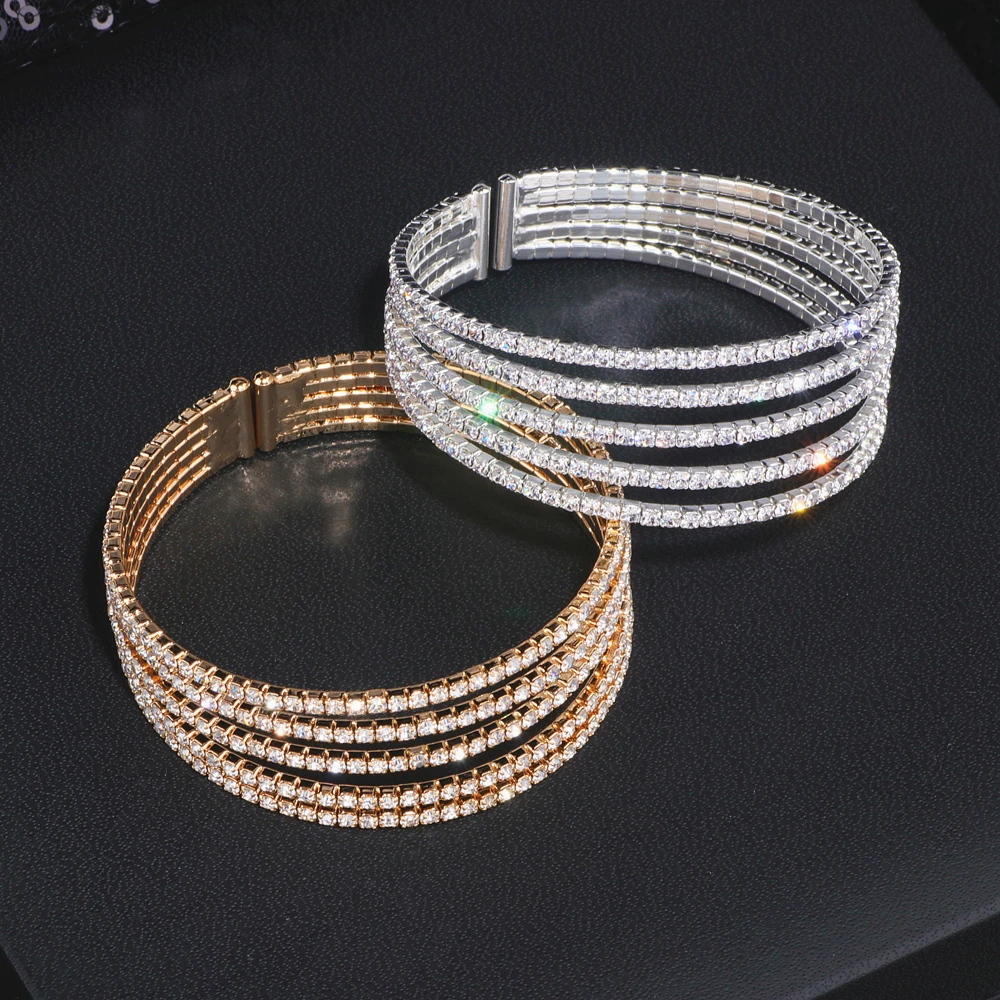 5 Rows Elegant Clear Rhinestone Bangle Bracelet Gold Color Crystal Bangles Wedding Bridal Jewelry Accessories For Women WX209 - Image 4