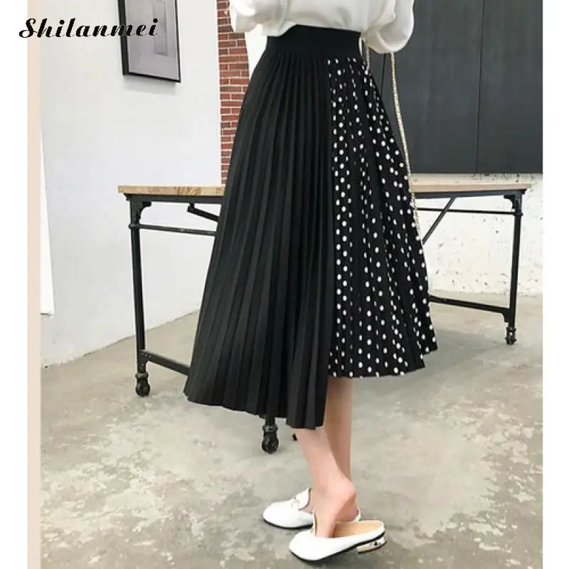 Юбка большого размера Женская юбка в горошек Высокая талия Асимметричная плиссированная юбка модная повседневная женская юбка для офиса юбки