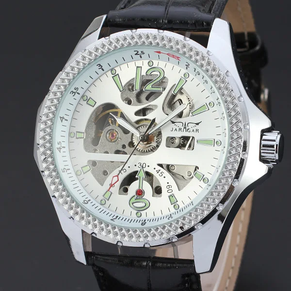 

Jargar Automatic Men Skeleton White Wristwatch Black Leather Strap Mechanical Watches with Gift Box