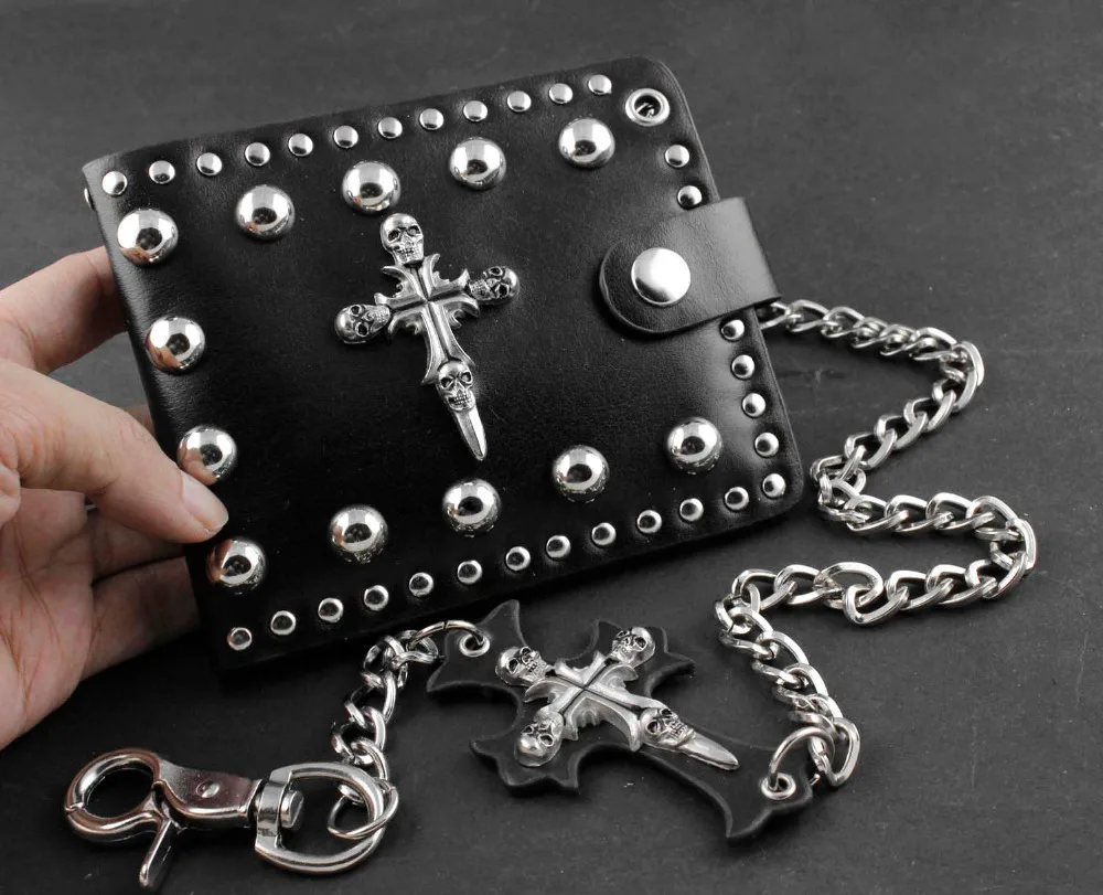 

Skull Studded Biker Trucker Hip Hop Chain Wallet Cool Men's Leather Purse W825B