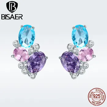 

BISAER 925 Sterling Silver Blue Cubic Zirconia Stone Stud Earrings for Women Lady Wedding Fashion Jewelry Bijoux Brincos GXE579