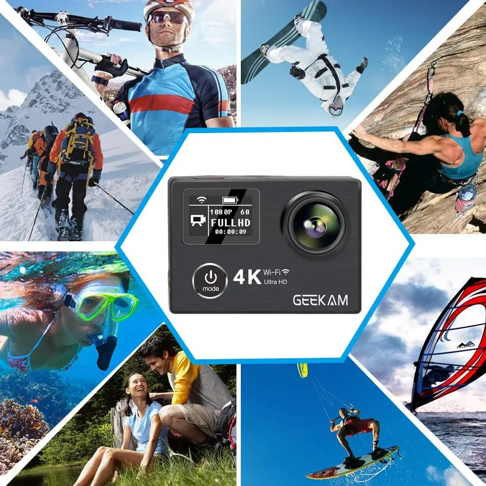 Экшн-камера GEEKAM K3R/K3 Ultra HD 4 K/30fps 20MP WiFi 2," 170D с двойным экраном, водонепроницаемая камера для подводного плавания на шлем, велосипедная спортивная видеокамера