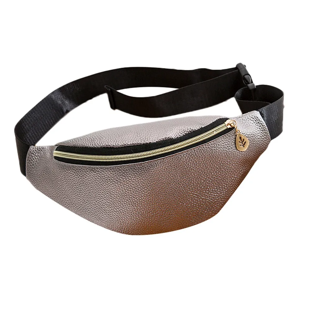 Women Waist Bags fanny pack Casual Sports Purse solid zipper leather Breast Package Messenger Bag sac banane femme bolso mujer - Color: Gray