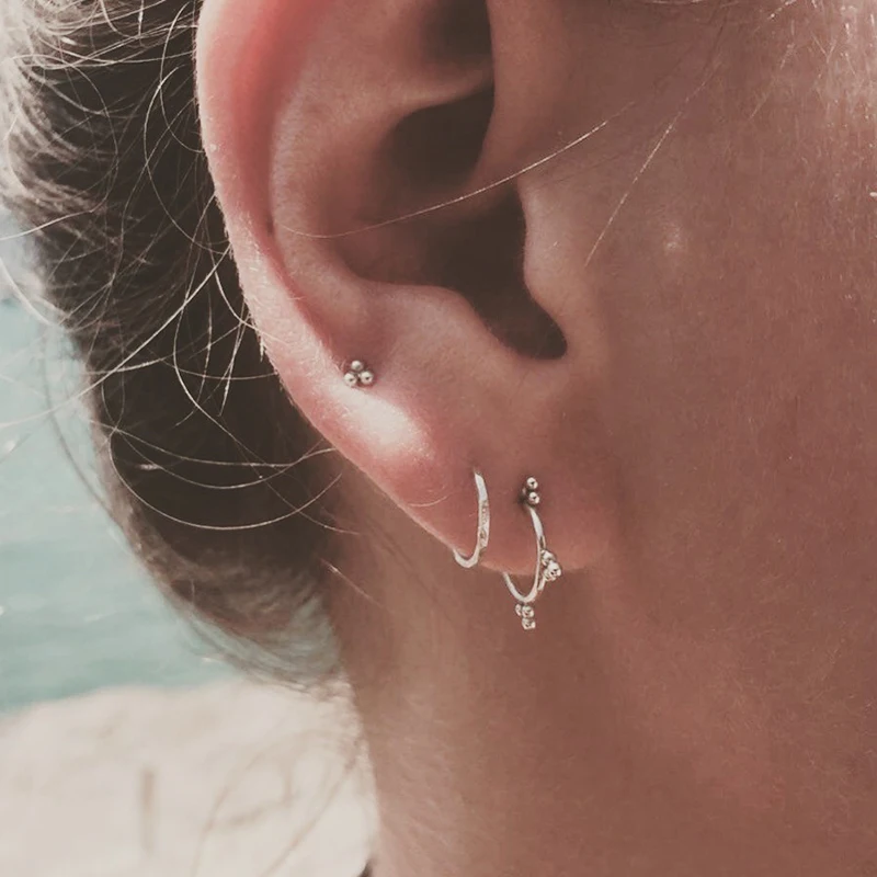Best buy ) }}Minimalist 925 Sterling Silver Three Ball Stud Earrings Delicate Tiny Dot Small Earrings Cartilage Helix