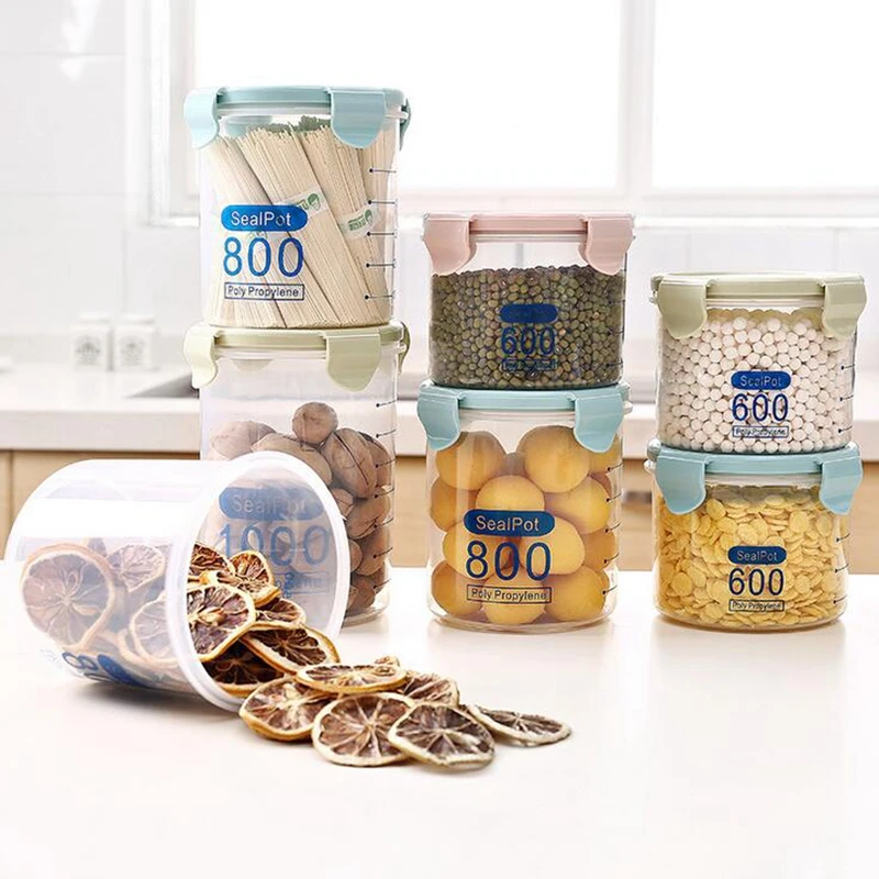 

Kitchen Food Container Seal Pot Tea Coffee Candy Storage Tank Plastic Cereals Snacks Box Cookie Canister Jars Storage Bottles