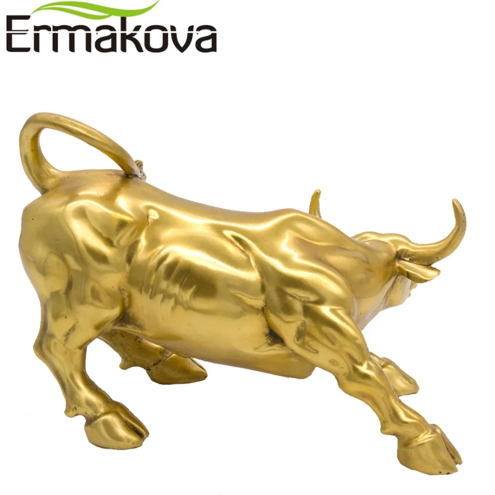 Sculpture Home Decoration Golden Copper Bull Represents Good Luck of Career and Wealth XIE Feng Shui Fortune Brass Wall Street Bull Statue