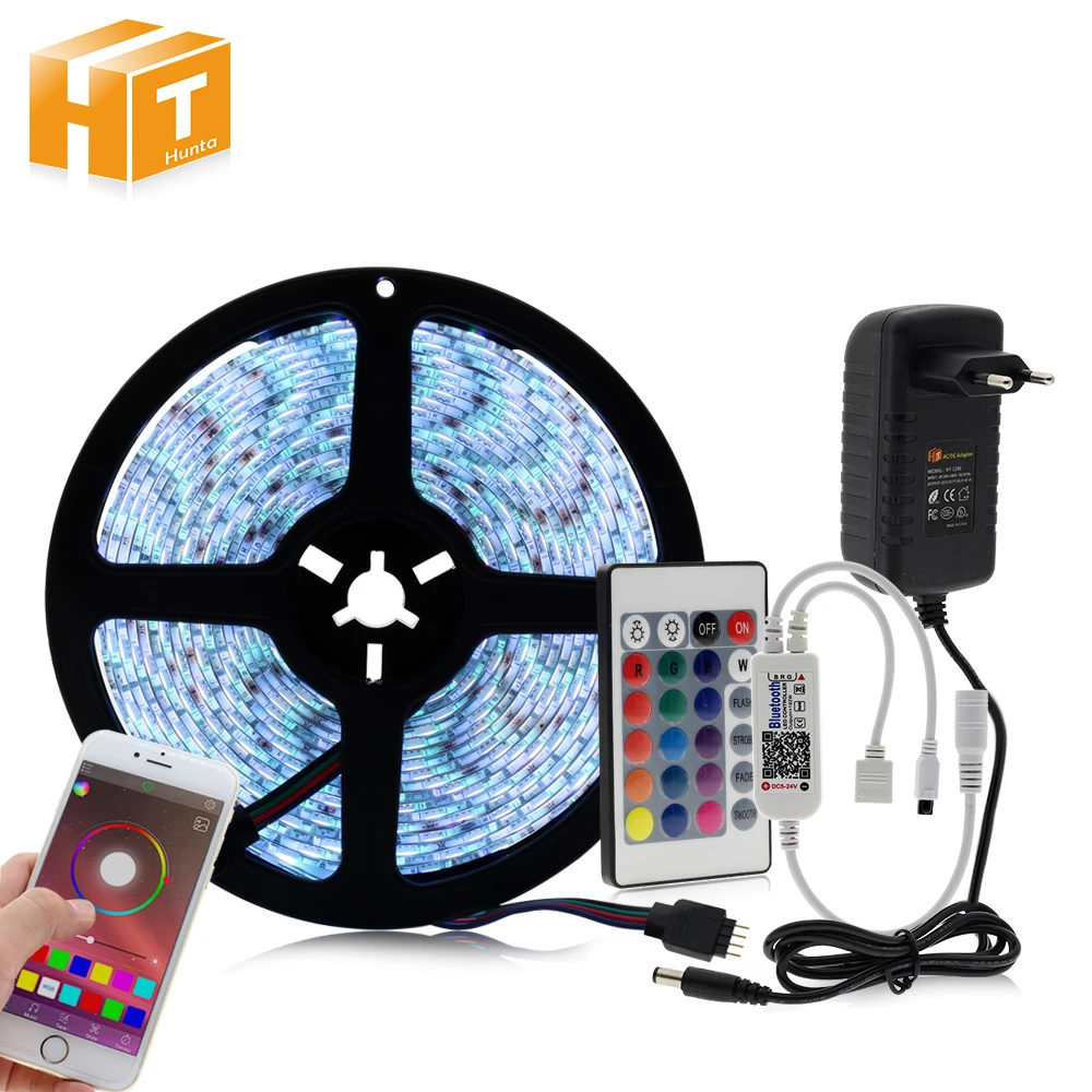 comprar 5050 Tira CONDUZIDA Definir com DC 12 v 60 60leds m Impermeável LED Strip + Adaptador de Alimentação + Bluetooth controlador RGB LED + 24Key Controlador RGB