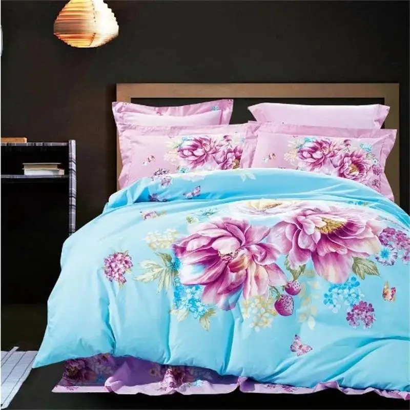 الملونة الزهور المائية 4 قطع الفراش مجموعة ملكة حجم القطن الخالص الأزهار طباعة غطاء لحاف المخدة ملاءات السرير غرفة نوم مجموعات