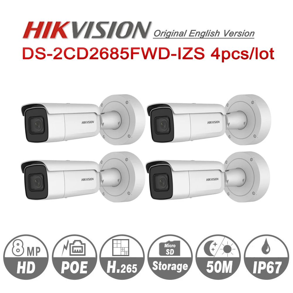 

Hikvision Original DS-2CD2685FWD-IZS Bullet Camera 8MP POE CCTV Camera 50m IR Range IP67 IK10 H.265+ 2.8-12mm Zoom 4pcs/lot