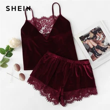 SHEIN, бархатные шорты с кружевной отделкой, пижамный комплект, женская бордовая простая Пижама на бретельках, без рукавов, сексуальная летняя одежда для сна