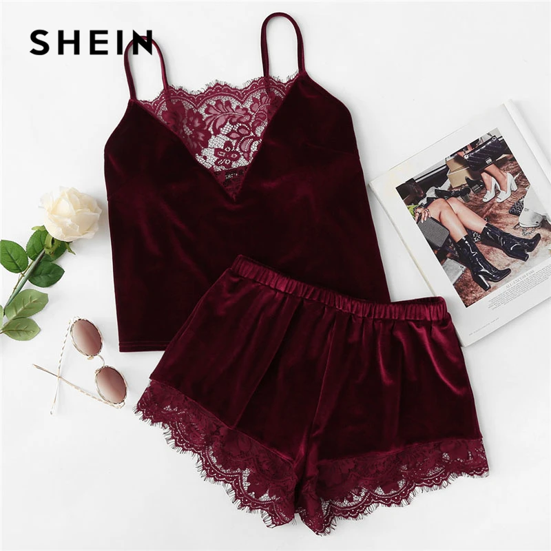 Achat SHEIN 2018 dentelle garniture velours Cami Shorts pyjamas ensemble femmes bordeaux plaine Spaghetti sangle sans manches Sexy vêtements de nuit pour enfants