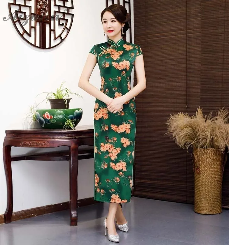 Китайское традиционное платье Qipao ретро печати с длинным Cheongsam Китай Femme Тонкий платья Женская Роба в восточном стиле элегантное вечернее