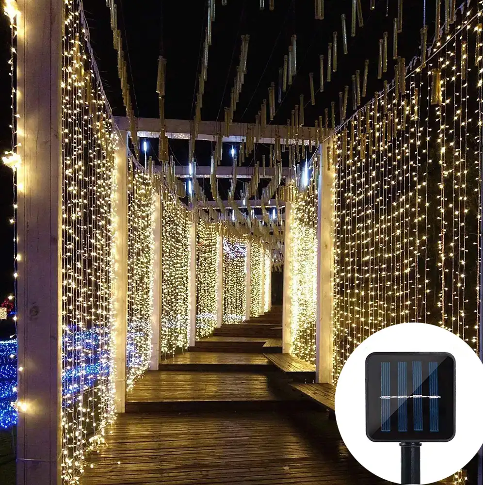 3x3m 300 Led Solar Curtain String Lights Waterproof 8 Modes