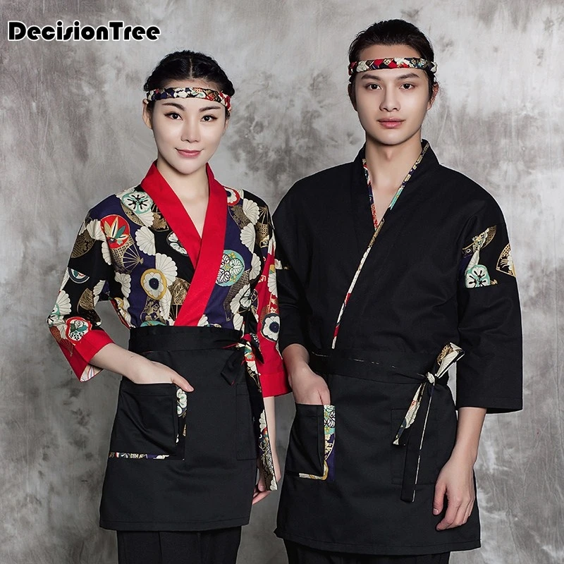 

2019 unisex japanese food service clothing sushi chef embroidered apron chef work uniform designed japanese kimono apron