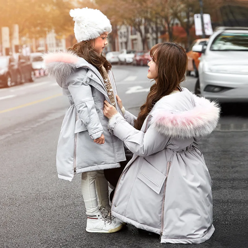 

Children's Duck Down Jacket Girl Long Section Thicken Daughter Mother Family Matching Outfit with Two-color Fur Collar