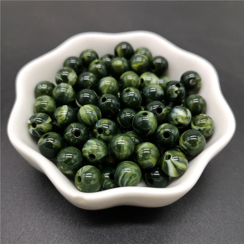 

6 8 10 mm Dark Green Imitation Natural Stone Round Acrylic Beads Clouds Effect Beads For Jewelry Makeing Bracelet necklace DIY