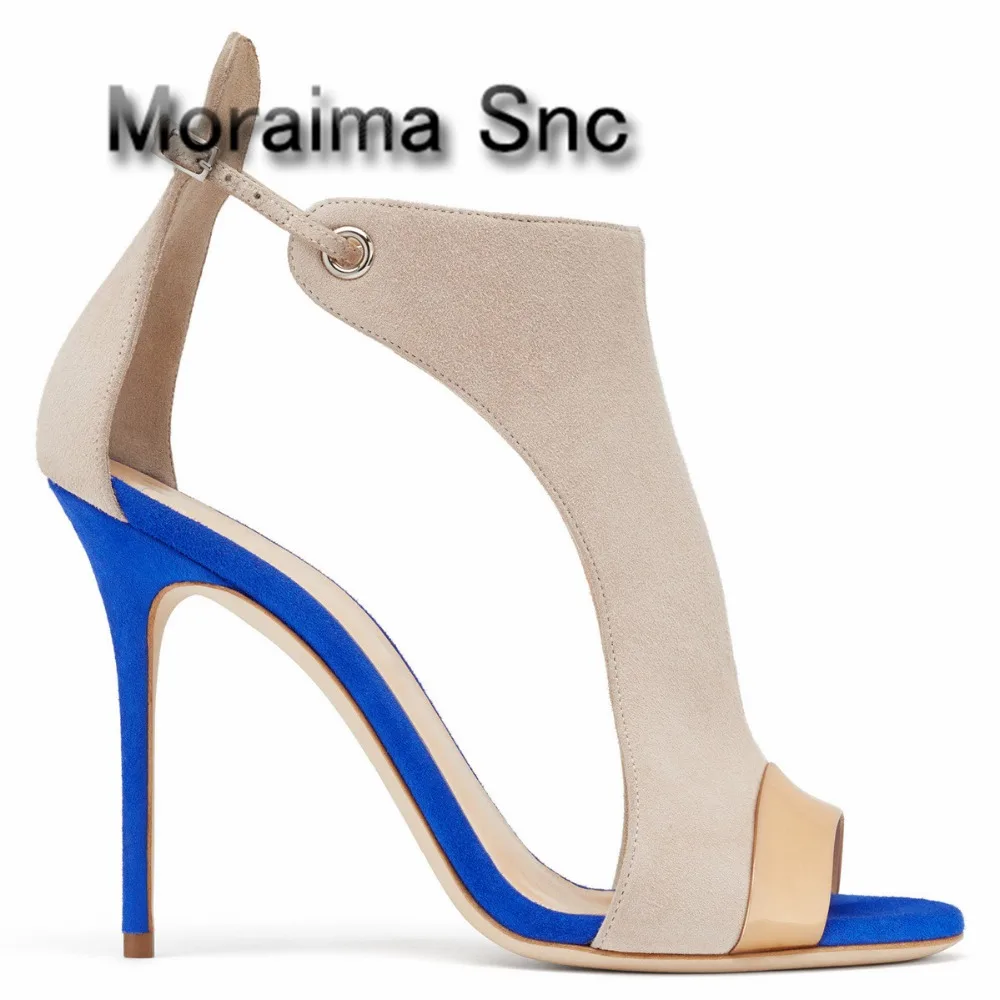

Moraima Snc women sandals 2018 peep toe mixed colors ladies shoes summer blue beige high heels sandals shoes buckle strap metal