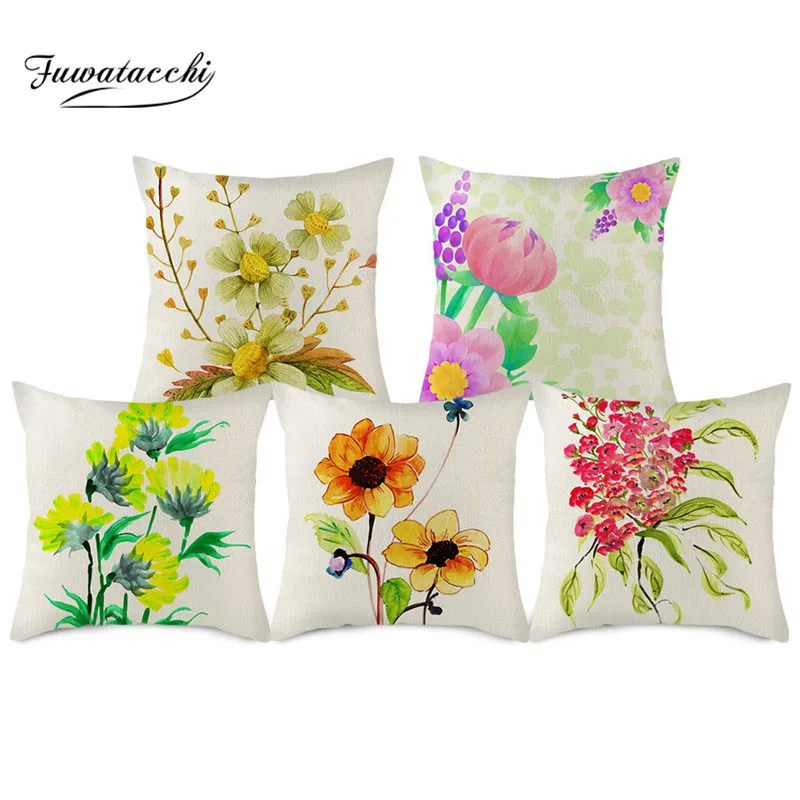 

Fuwatacchi Colorful Flower plant Print Rose Linen Cushion Covers Pillow Cover For Chair Sofa Car Home Decoration Pillowcases