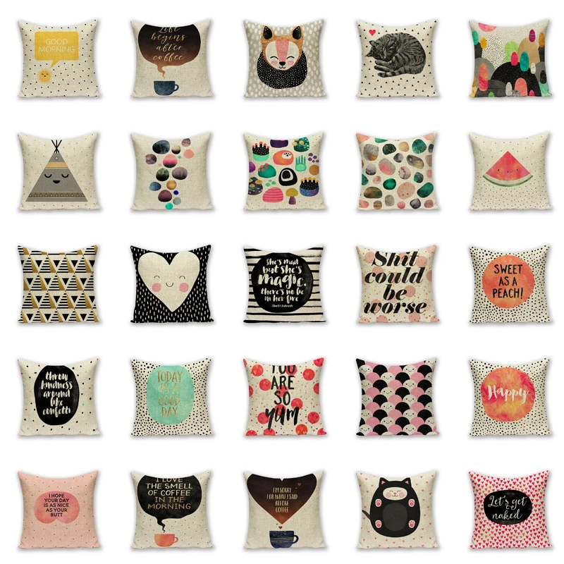 Geometric Pattern Cushion Set Creative Cute Animal Throw Pillow Retro Linen Cotton Decorative Sofa Car Bedroom Custom Pillowcase | Дом и сад