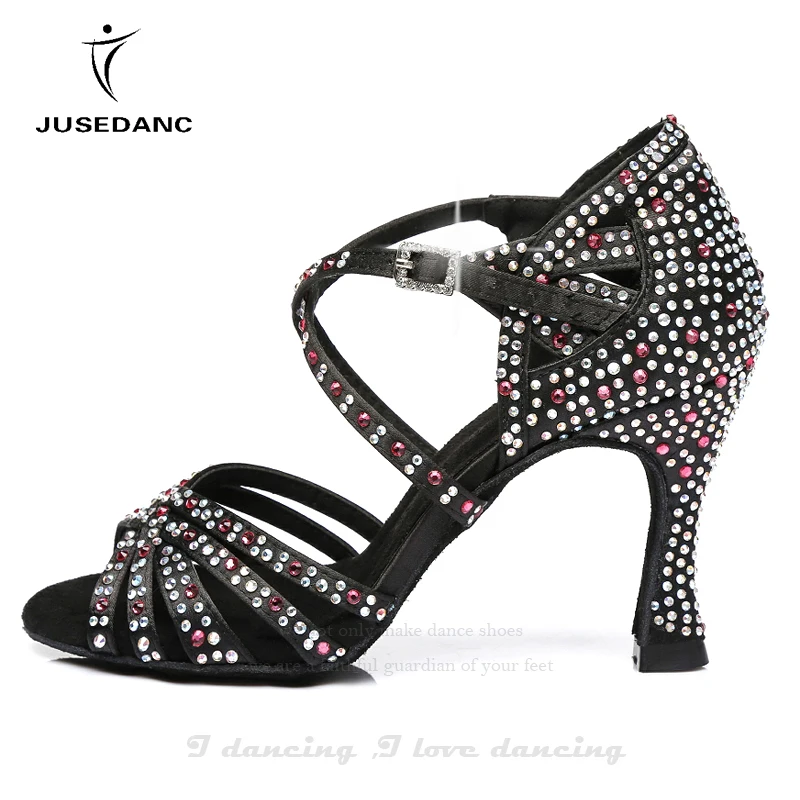 Обувь для танцев, сальсы, латинских танцев, стразы, женская обувь для сальсы, черные туфли для бальных танцев, удобная женская обувь JuseDanc