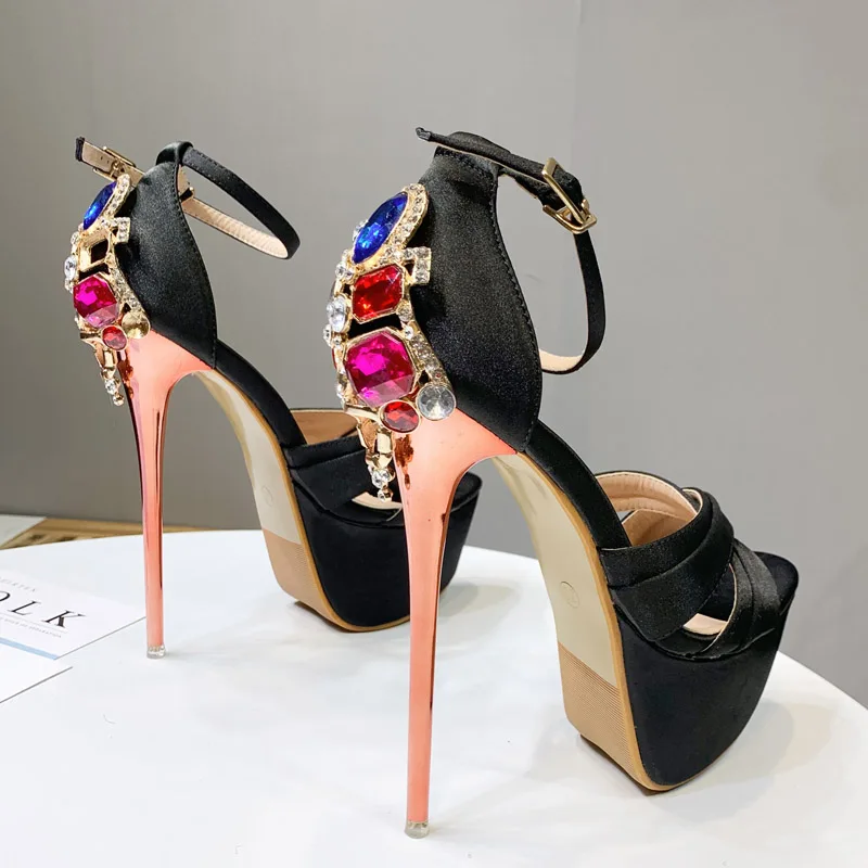 

16CM Womens Trendy Peep Toe Ankle Strap Crystal Rhinestones Satin Silk Sandals Stilettos Super High Heels Sexy Platform Shoes