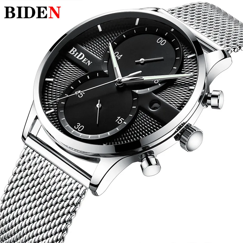 

New Luxury Men Watch Top Brand Biden Chronograph Date Sports Wrist Watch Men Steel Mesh Band Waterproof Military Male Clock Gift