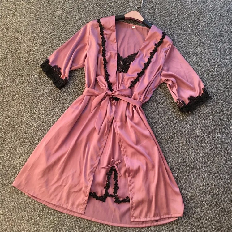 Брендовый комплект из 2 предметов, однотонный кружевной Атласный халат и ночная рубашка, женский халат, сексуальный женский летний домашний костюм, кимоно, комплект из двух предметов, пижама 1904