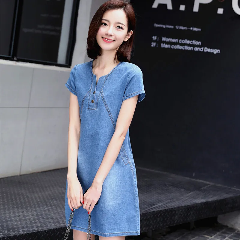 Новые женские платья летние Стильные джинсовые Robe Femme с коротким рукавом для