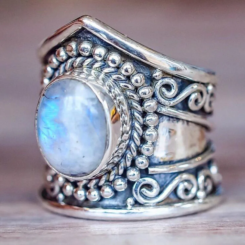 

2018 New Fashion Vintage Antique Thai Silver White Blue Black Oval Opals Ring For Girls Women Retro Bohemia Ring Jewelry R556