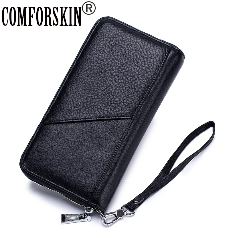 

COMFORSKIN High Quality Cowhide Men Organizer Wallets 2019 Long Multi-Card Bit European and American Clutch Purse With Hand Rope