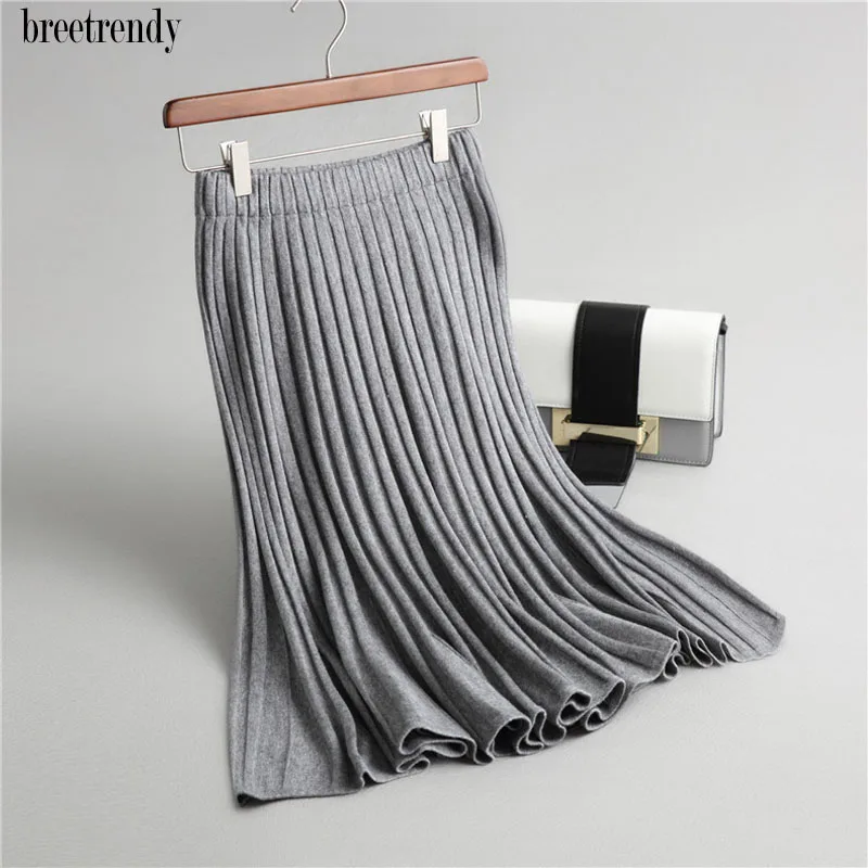 

women solid color elegant a-line vertical striped pleated wool blends skirt ladies slim waist match all sweater skirts