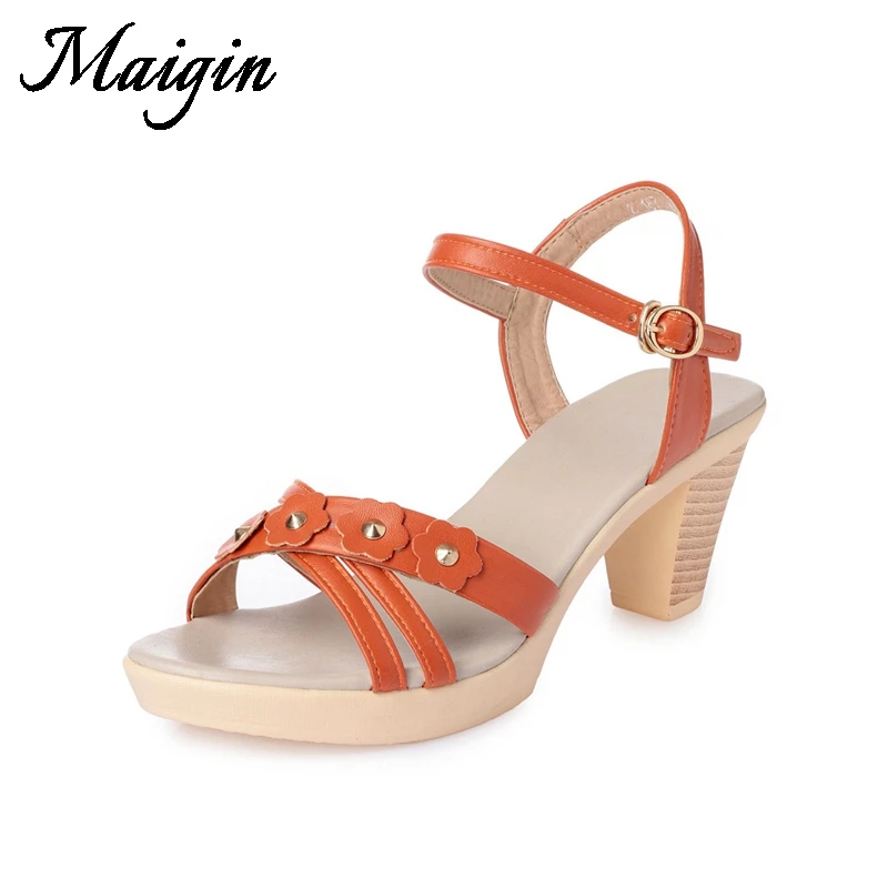 Maigin Bohemian Women Sandals High Heels Genuine Leather Sandals Women Flowers Summer Shoes Thick Heels Female Casual Shoes