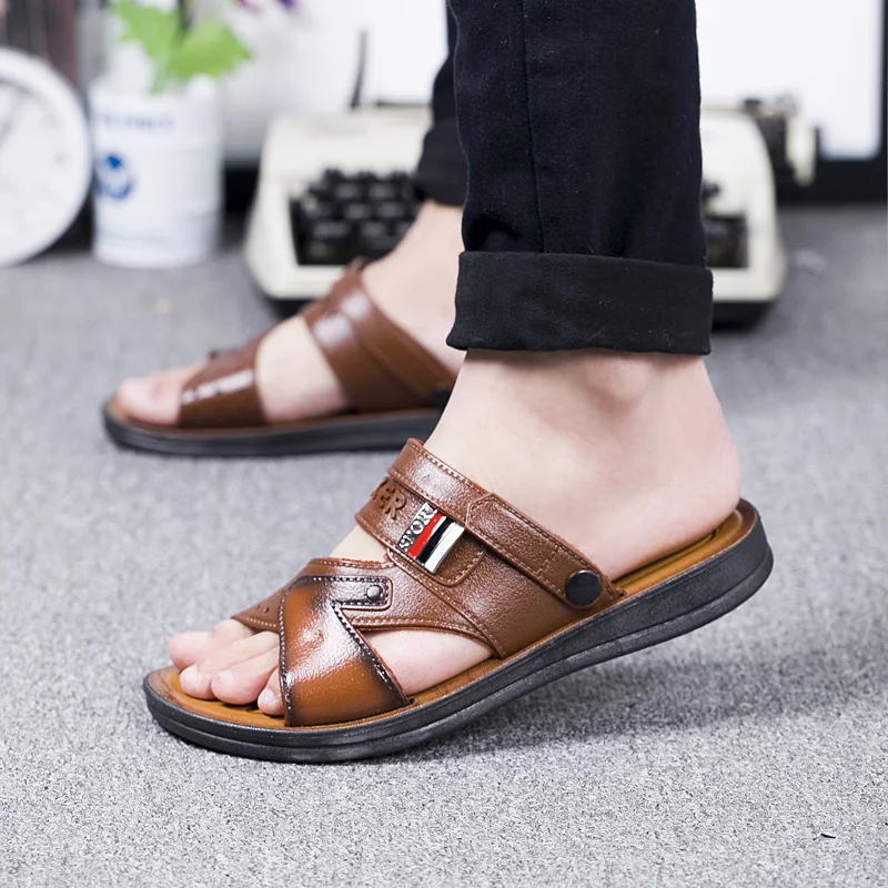 

Men Sandals 2019 Summer Breathable Leisure Sandals Shoes Male Lightweight Leather Flip Flops Comfortable Non-slip Beach Shoes