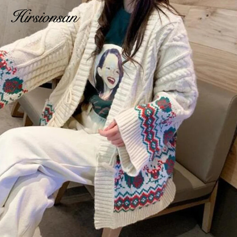Hirsionsan женский свитер, Осень-зима, вязанный корейский Кардиган, Женский этнический свитер, свободная одежда, большие размеры, теплые женские топы