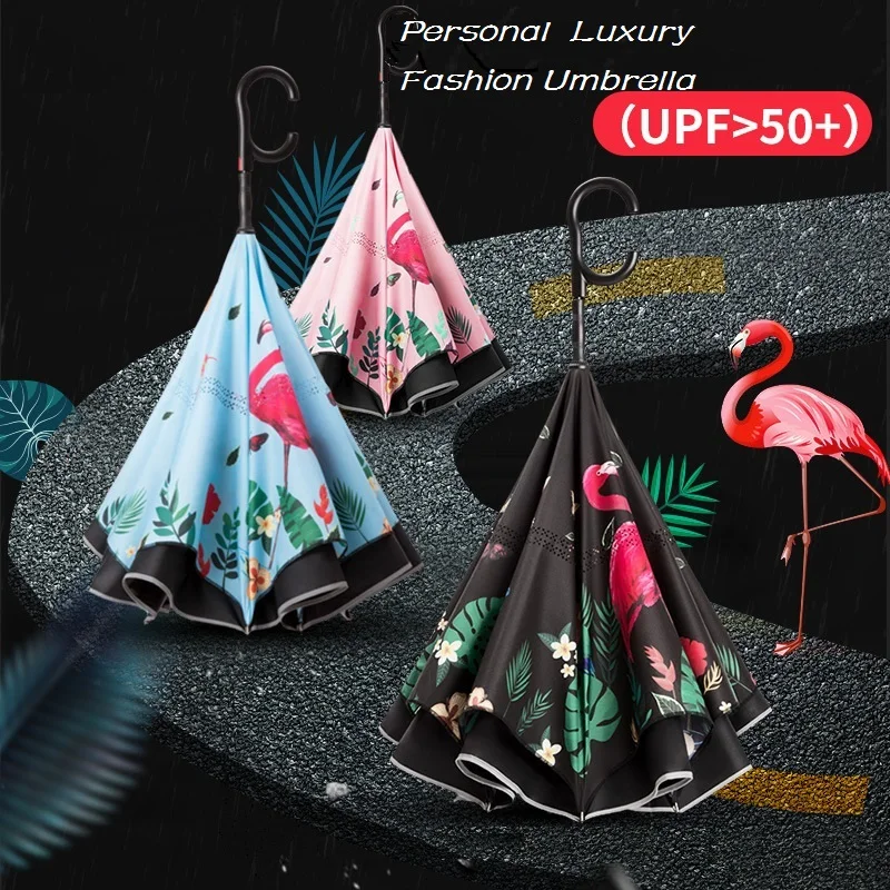 Складные зонты с изображением фламинго, складные двухслойные перевернутые зонты с держателем для рук, ветронепроницаемые зонты для дождя
