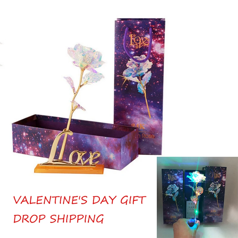 

Drop ship 24K Foil Plated Rose Gold Rose Valentine's Day Lasts Forever Love Wedding Decor Lover Lighting Rose Creative Gift