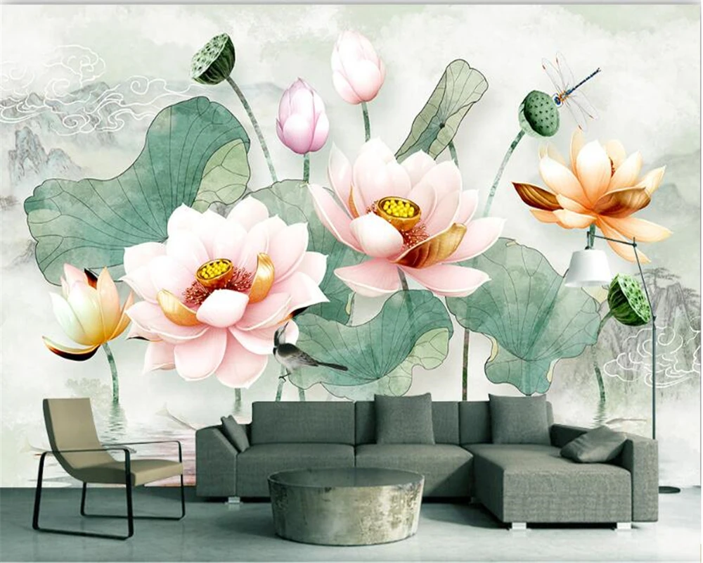 

beibehang 3D Stereo Relief Classic Aesthetic Wallpaper Lotus Fresh Watercolor Lotus Leaf Background Wall papel de parede tapety
