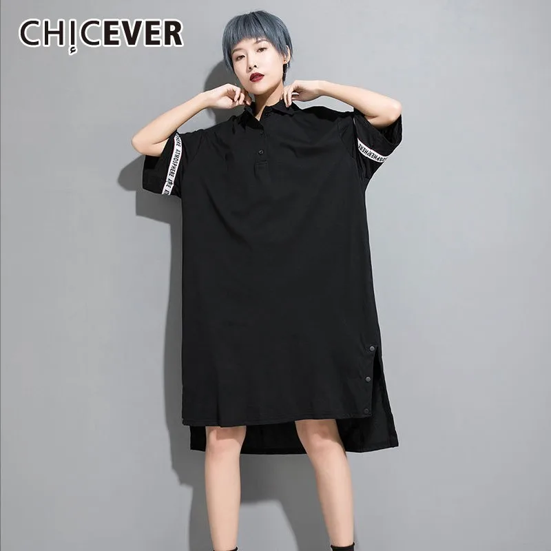 

CHICEVER Summer Streetwear Pullover Dress For Women O Neck Flare Sleeve Button Split Hem Asymmetrical Dresses Female 2019