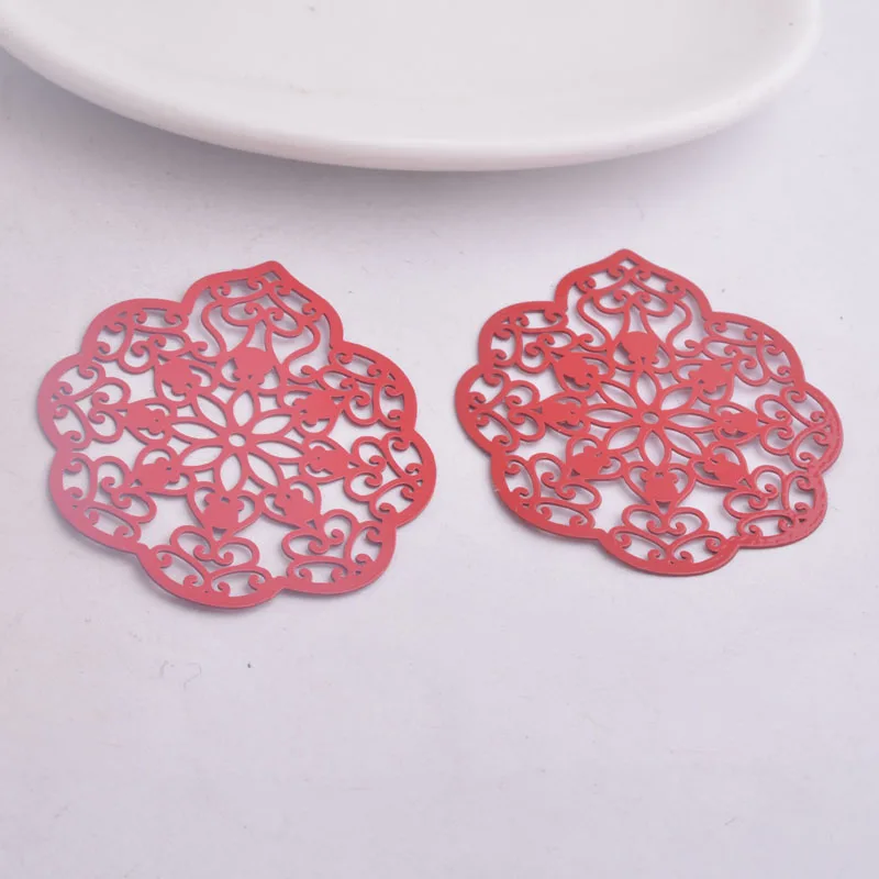 30pcs AA2606 43mm*50mm Painted Flower Charms Black Silver Color Flowers Pendant - Metal color: Red